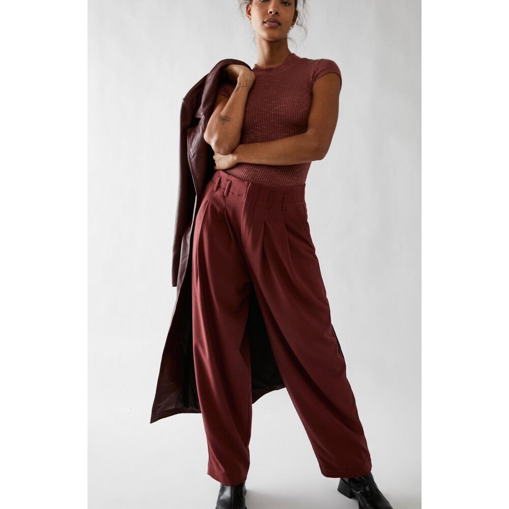 Free People Pants Calla Red Tailored Pleated Trousers Preppy Work Size 10 New